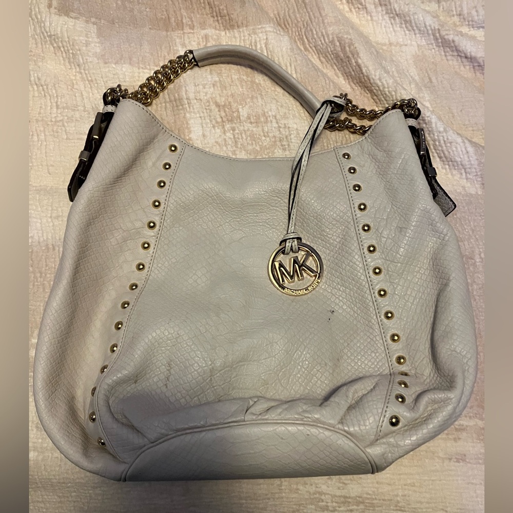 Michael Kors Cream Leather Shoulder Bag with Gold Accents